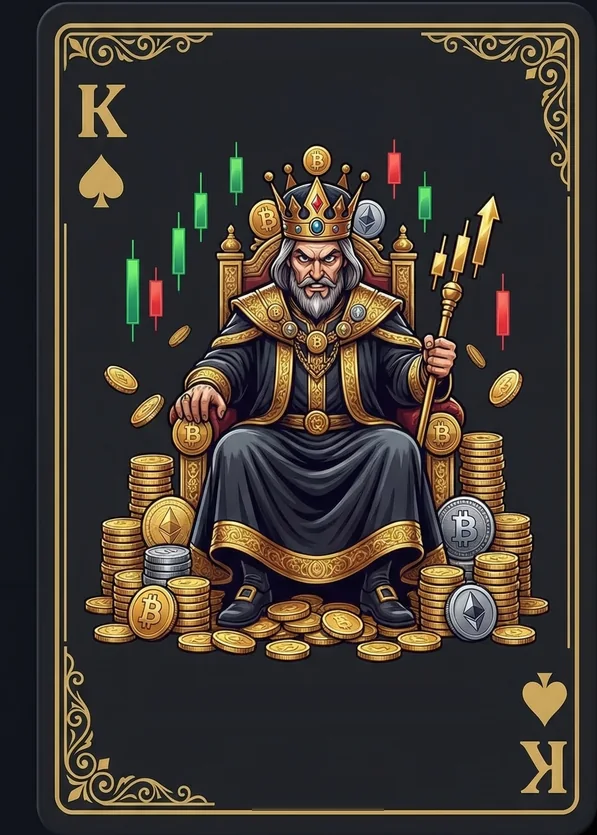 Ilustración de Avaro: un rey sentado en su trono rodeado de monedas frente a un gráfico de velas